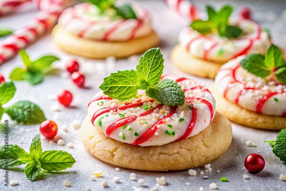 Closeup of Delicious Peppermint Cookies with Fresh Mint Leaves on White Background - Bokeh Effect Closeup of Delicious Peppermint Cookies with Fresh Mint Leaves on White Background - Bokeh Effect