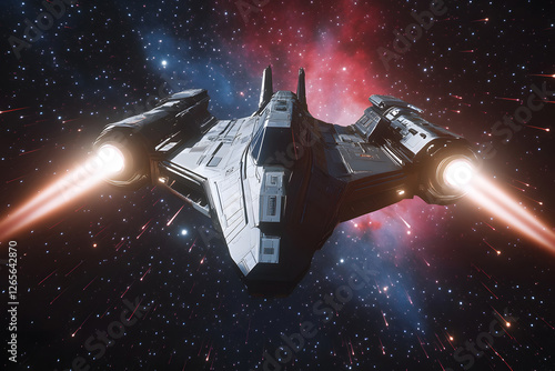 Fototapeta Naklejka Na Ścianę i Meble -  Futuristic Sci-Fi Spaceship fighter flying fast with motion blur effect, huge spaceship in orbit of planet Earth, spacecraft in outer space 