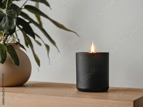 A small candle in a simple ceramic matte black container sitting on a light oak shelf.