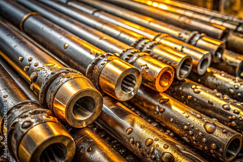 Naklejka premium Close-up of Oily Drilling Pipes and Tools - Industrial Stock Photo