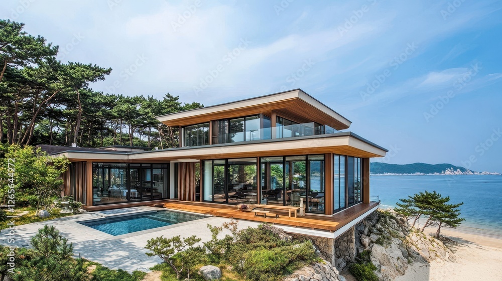Fototapeta premium Two story modern house with swimming pool overlooking the ocean