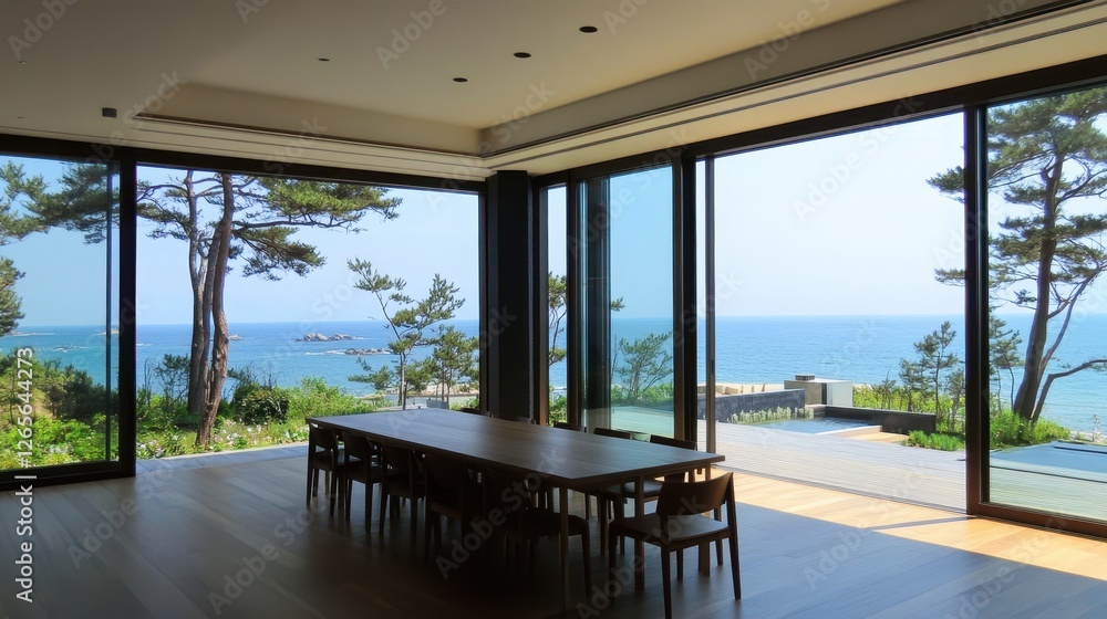 Dining room with a large table and a sea view Dining room with a large table and a sea view