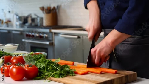 A chef chops fresh vegetables in a modern kitchen, carefully preparing ingredients for a new dish.