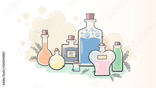 cute flasks composition. Vector, alchemy, potions, love potion, bottles.
