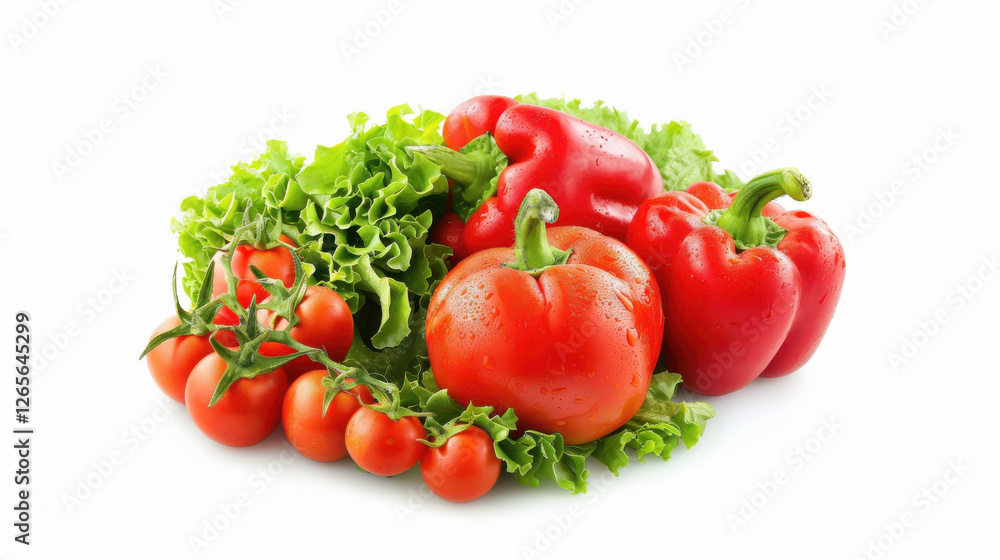 Juicy tomatoes and colorful peppers rest on a bed of green lettuce, creating a bright, healthy display. Juicy tomatoes and colorful peppers rest on a bed of green lettuce, creating a bright, healthy display.