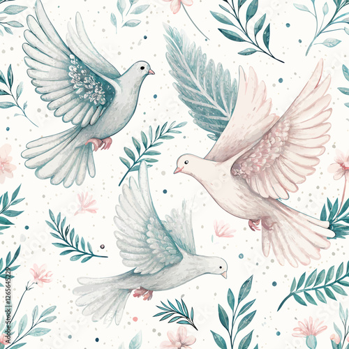 Seamless dove background with delicate illustrations of doves in flight, soft colors symbolizing peace and resurrection, airy and hopeful