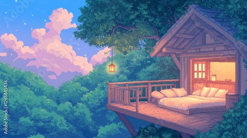Pixel Art Cozy Treehouse Retreat in Serene Forest Under Soft Evening Sky