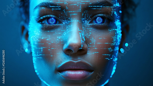 Front view of the face of a woman wearing blue digital cyber technology.