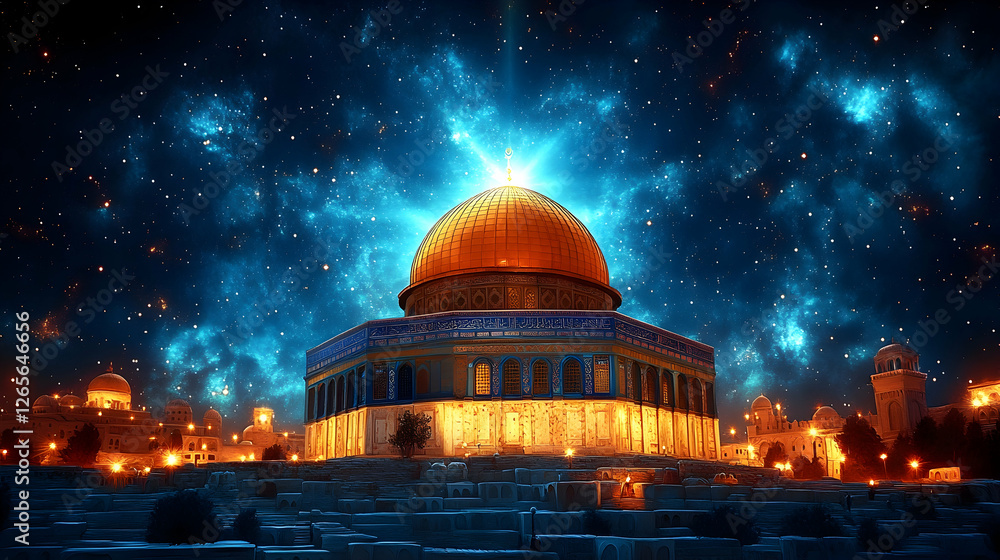 Obraz premium Golden Dome Jerusalem Night Celestial Spirituality