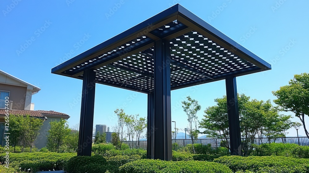 Modern square pergola in landscaped urban garden, overlooking city skyline Modern square pergola in landscaped urban garden, overlooking city skyline