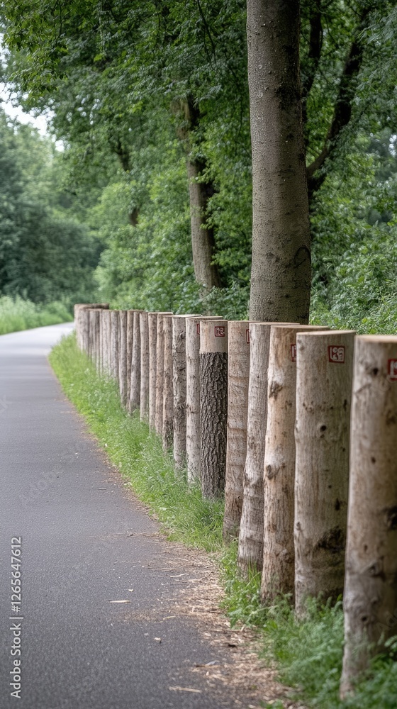 High stacks of tree trunks line a small path, creating a peaceful clearing in a vibrant green forest backdrop High stacks of tree trunks line a small path, creating a peaceful clearing in a vibrant green forest backdrop