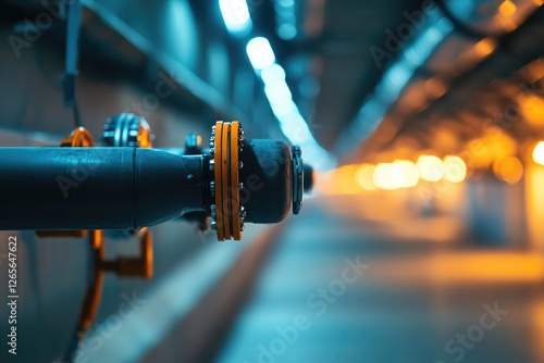 detailed view of large hadron collider tunnel showcasing complex pipes and cables in focus photo