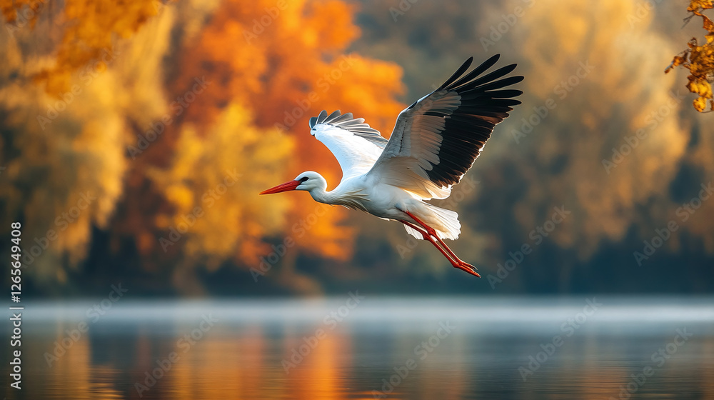 Naklejka premium A white stork is flying over a tranquil autumn lake.