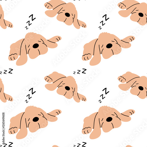 Seamless pattern with dog puppy. A domestic dog spaniel sleeps. Pet friend. Cute animal. Design for background, decoration and print. Vector flat illustration background