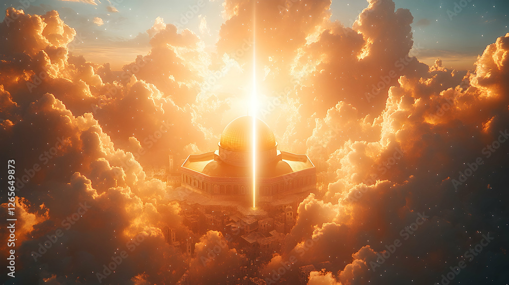 Fototapeta premium Heavenly Dome Sunrise Divine light shines on a golden dome amidst clouds. Use Religious, spiritual, hope