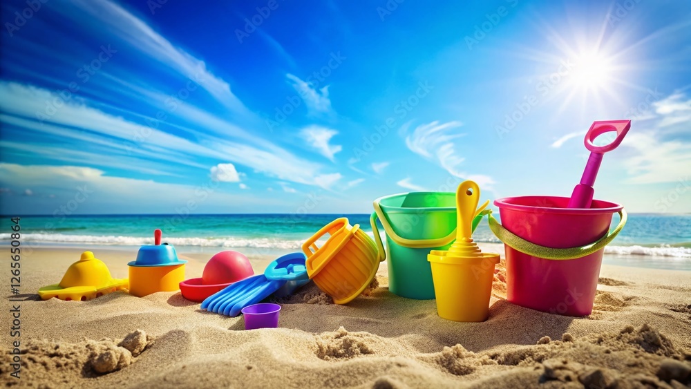 Colorful Beach Toys on Sandy Beach with Copy Space - Summer Fun Colorful Beach Toys on Sandy Beach with Copy Space - Summer Fun