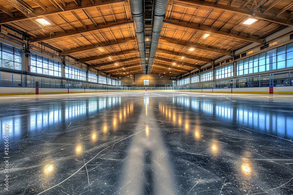 Ice Rink's Gleaming Surface Reflects Light, Wooden Beams Create a Stunning Indoor Arena Ice Rink's Gleaming Surface Reflects Light, Wooden Beams Create a Stunning Indoor Arena