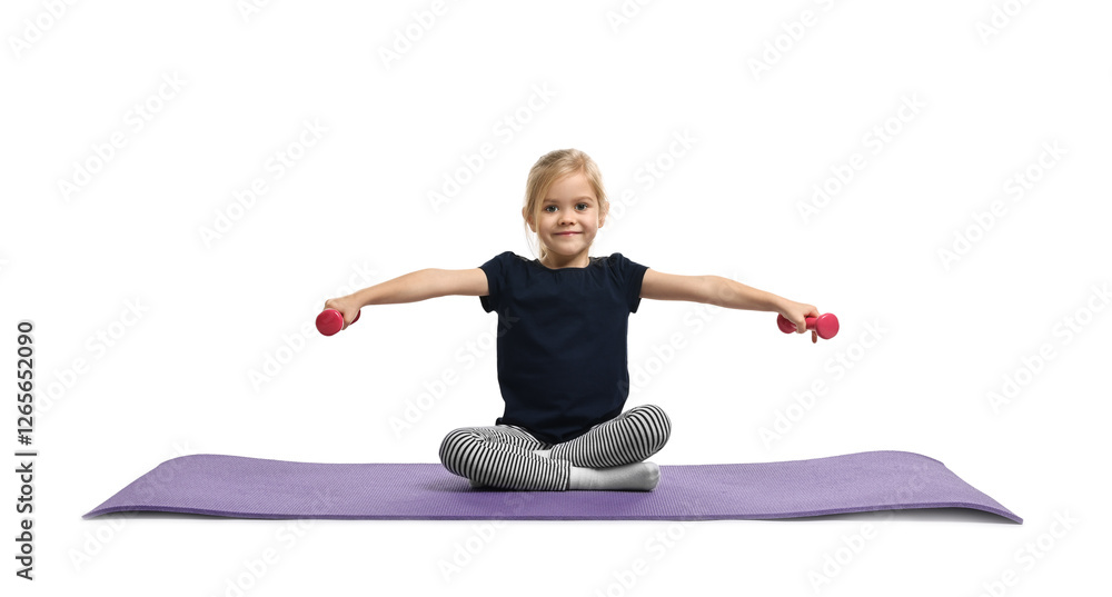 Little girl exercising with dumbbells on fitness mat against white background. Sport activity Little girl exercising with dumbbells on fitness mat against white background. Sport activity