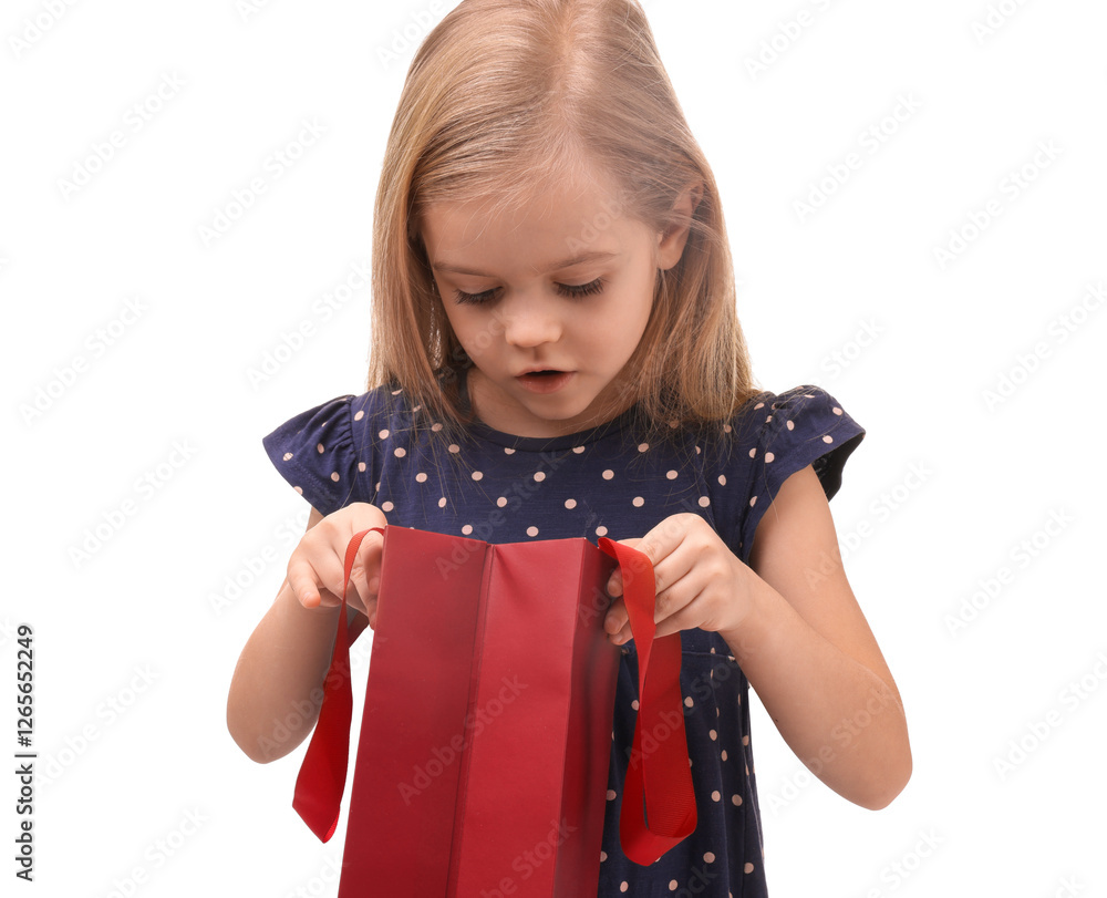 Little girl with shopping bag on white background Little girl with shopping bag on white background