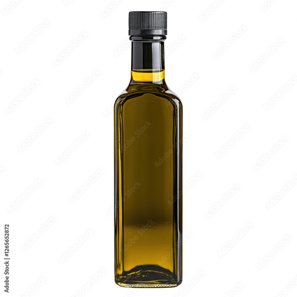 Transparent Olive Oil Bottle with Black Cap Isolated on White Background