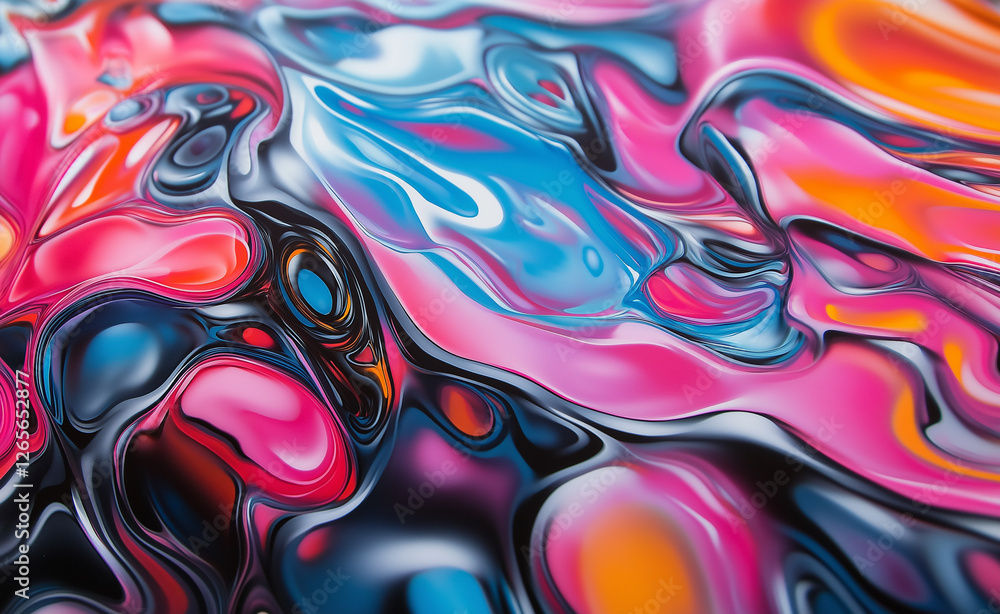 Naklejka premium A mesmerizing abstract composition of colorful, glossy liquid swirls blending shades of pink, blue, black, and orange.