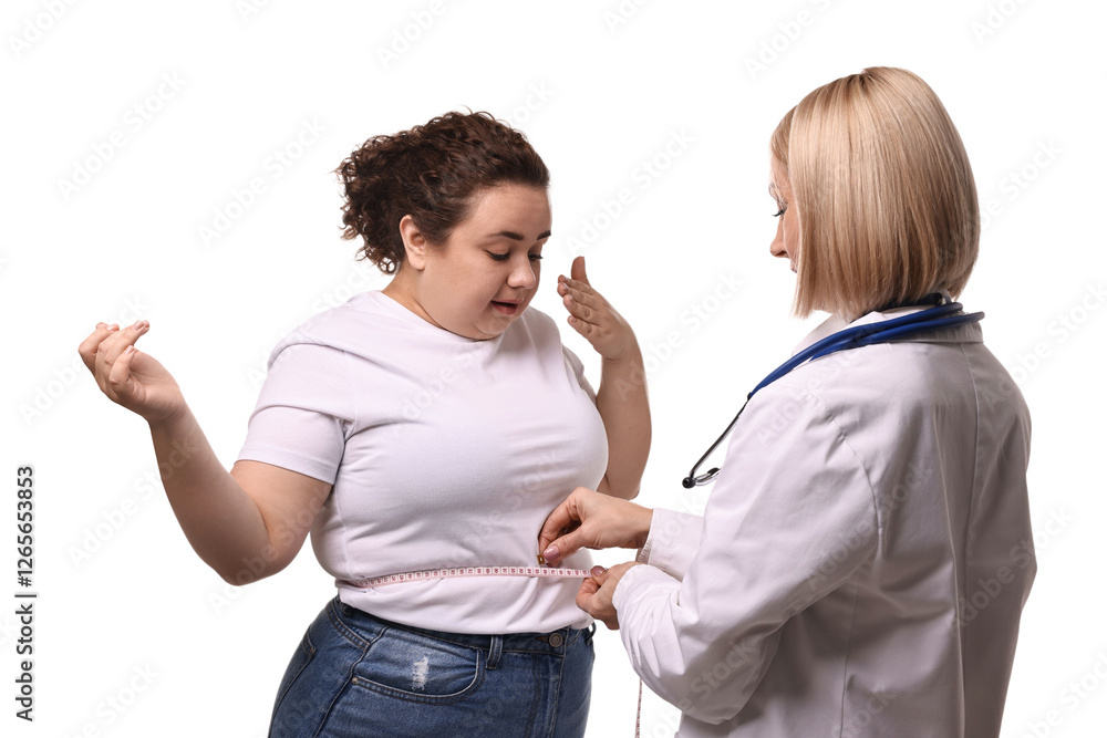 Weight loss. Nutritionist measuring patient's waist with tape on white background Weight loss. Nutritionist measuring patient's waist with tape on white background