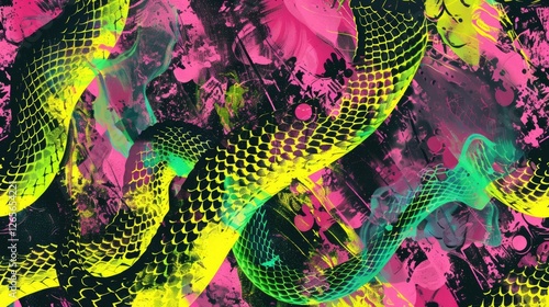 Wallpaper Mural Abstract artistic pattern background of snake skin texture in neon pink, metallic silver and bright green colors with geometric scales Torontodigital.ca