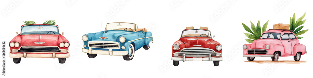 Fototapeta premium Classic cars with tropical decorations for summer fun , isolated on transparent background