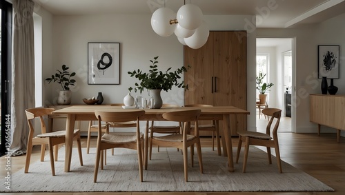 Bright dining room with long wood table, matching chairs, and globe pendant lights under sheer curtains