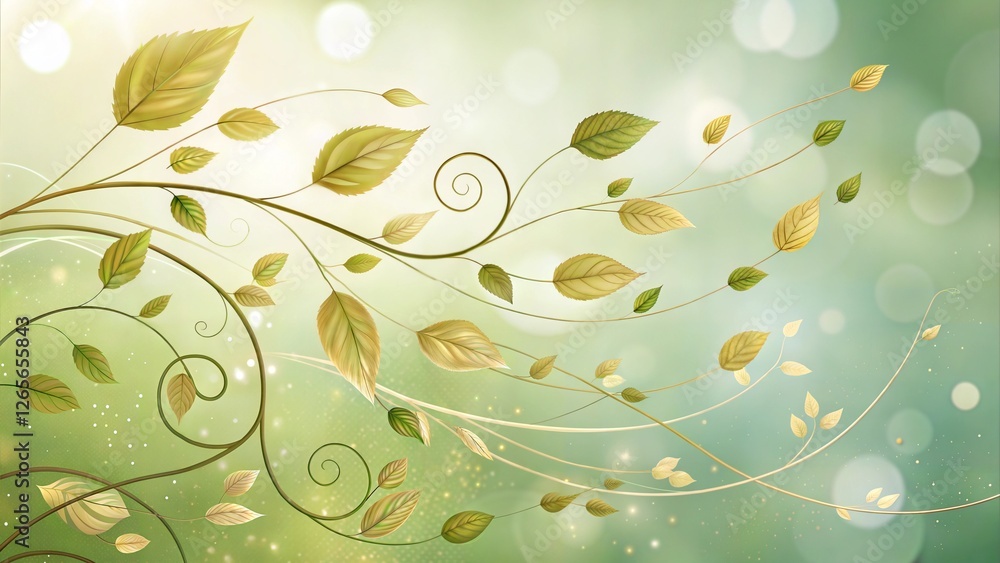 Green and golden leaves swirling in a light-filled background with bokeh effects Green and golden leaves swirling in a light-filled background with bokeh effects