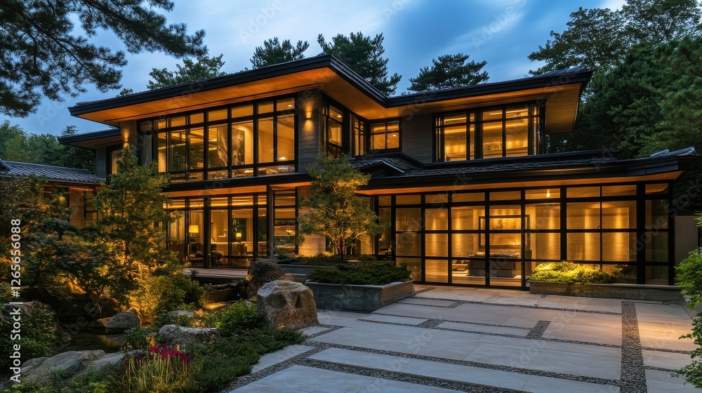 Contemporary home with large windows and illuminated landscaping at dusk Contemporary home with large windows and illuminated landscaping at dusk