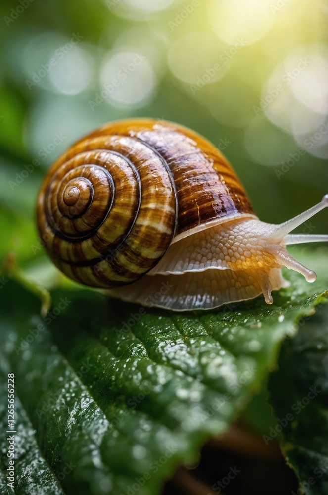 A close-up of a snail resting on a green leaf with a blurred background. A close-up of a snail resting on a green leaf with a blurred background.