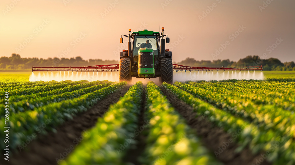 A powerful tractor spraying crops in a vast green field at sunset, representing modern agriculture and farming technology.
