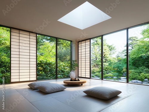 Japanese Zenstyle twostory living room with a minimalist aesthetic, shoji screens, and natural elements photo