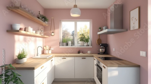 A cozy kitchen with pink walls and natural light