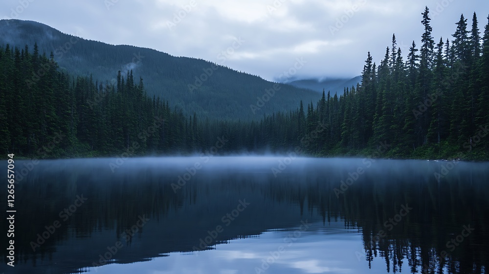 Serene mountain lake mist shrouds tranquil evergreen forest Serene mountain lake mist shrouds tranquil evergreen forest