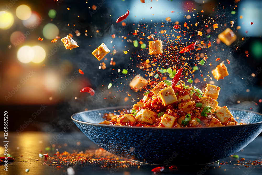 Mapo Tofu Flying Ingredients Burst - A Stunning Visual of Floating Tofu, Garlic, Chili Flakes, and More Above a Bowl of Mapo Tofu with Motion Blur Effects Mapo Tofu Flying Ingredients Burst - A Stunning Visual of Floating Tofu, Garlic, Chili Flakes, and More Above a Bowl of Mapo Tofu with Motion Blur Effects