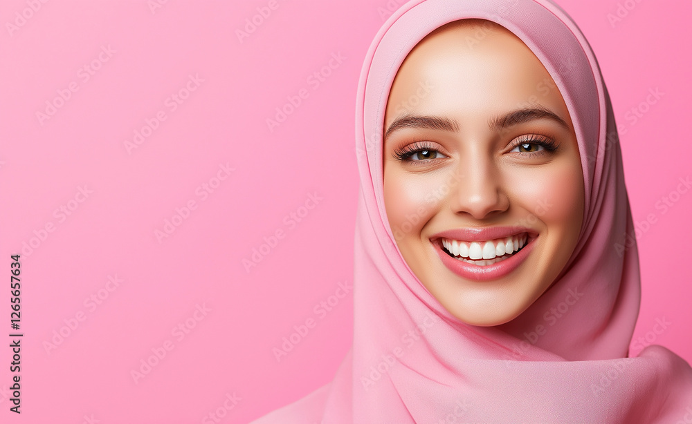 A young woman with a bright smile wearing a soft pink hijab, expressing happiness and beauty against a matching pink background. A young woman with a bright smile wearing a soft pink hijab, expressing happiness and beauty against a matching pink background.