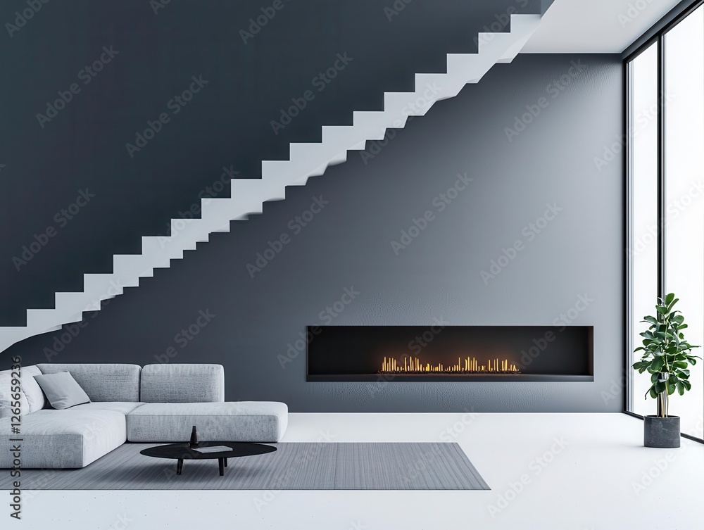 Sleek minimalist luxury twostory living space with a floating fireplace, soft textures, and a sophisticated atmosphere Sleek minimalist luxury twostory living space with a floating fireplace, soft textures, and a sophisticated atmosphere
