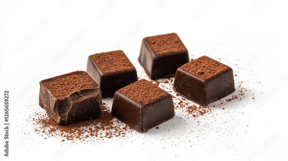 A close-up of dark chocolate cubes dusted with cocoa powder, showcasing a rich and indulgent treat. A close-up of dark chocolate cubes dusted with cocoa powder, showcasing a rich and indulgent treat.