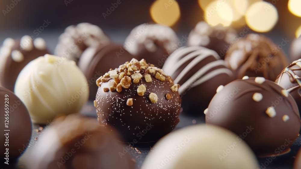 A close-up of assorted chocolate truffles, featuring various coatings and toppings, set against a blurred, warm bokeh background. A close-up of assorted chocolate truffles, featuring various coatings and toppings, set against a blurred, warm bokeh background.