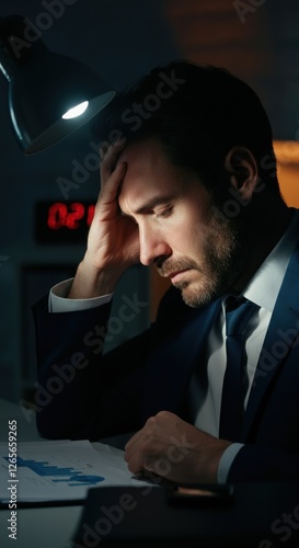 Stressed young caucasian male analyzing financial document under desk lamp photo