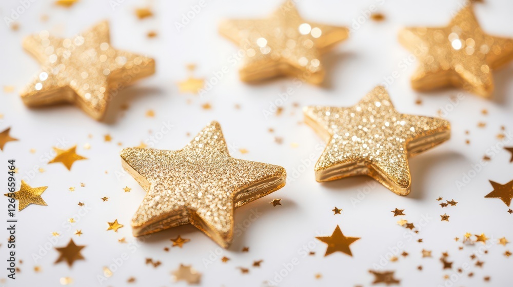 Shimmering Golden Stars and Glitter on White Background Shimmering Golden Stars and Glitter on White Background