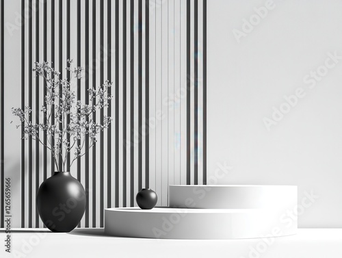 Minimalist Black and White Interior with Stairs and Vertical Lines