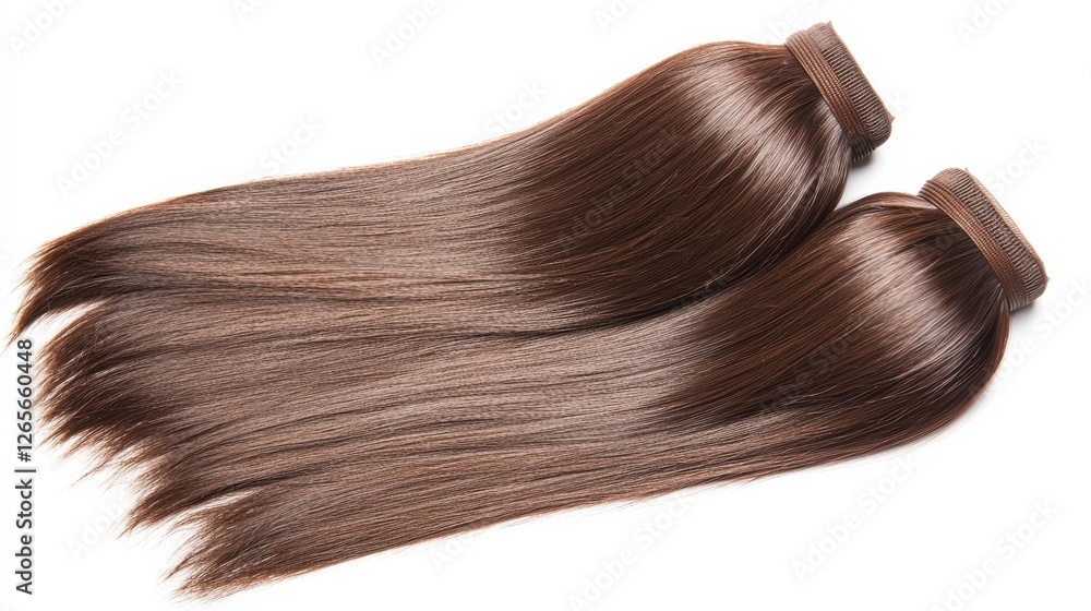 Two sleek, brown hair extensions lying side by side, showcasing a smooth texture and straight style. Two sleek, brown hair extensions lying side by side, showcasing a smooth texture and straight style.