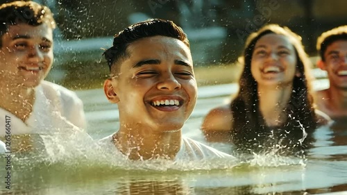 A joyful baptism ceremony at a riverside, where one friend watches with teary eyes as another publicly declares their faith, the water shimmering under the sunlight.