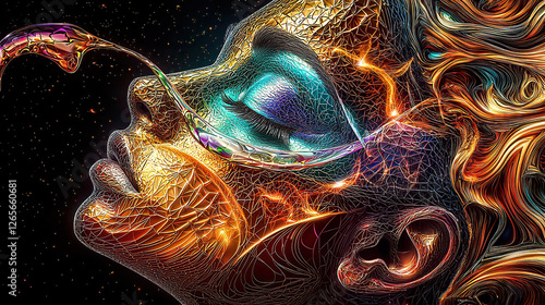 AI generated with intricate fractal designs artwork a detailed painting with vibrant colors. Vibrant abstract portrait of a woman with golden and blue hues