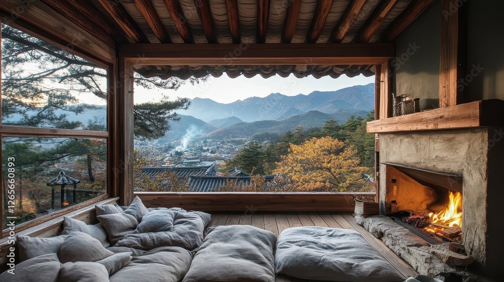 Cozy room overlooking autumn mountains with fireplace and cushioned floor Cozy room overlooking autumn mountains with fireplace and cushioned floor