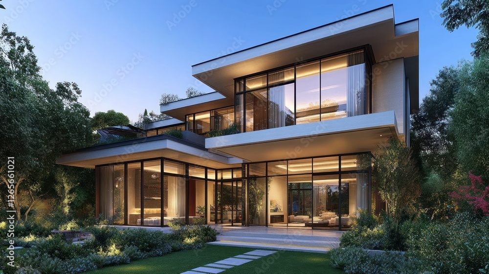 Fototapeta premium Modern Villa Evening Exterior, Lush Landscaping, City Views