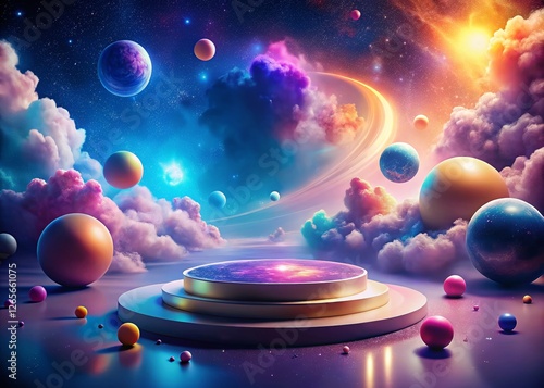 Cosmic Food Photography: Ethereal Podium with Galaxy Background for Product Display